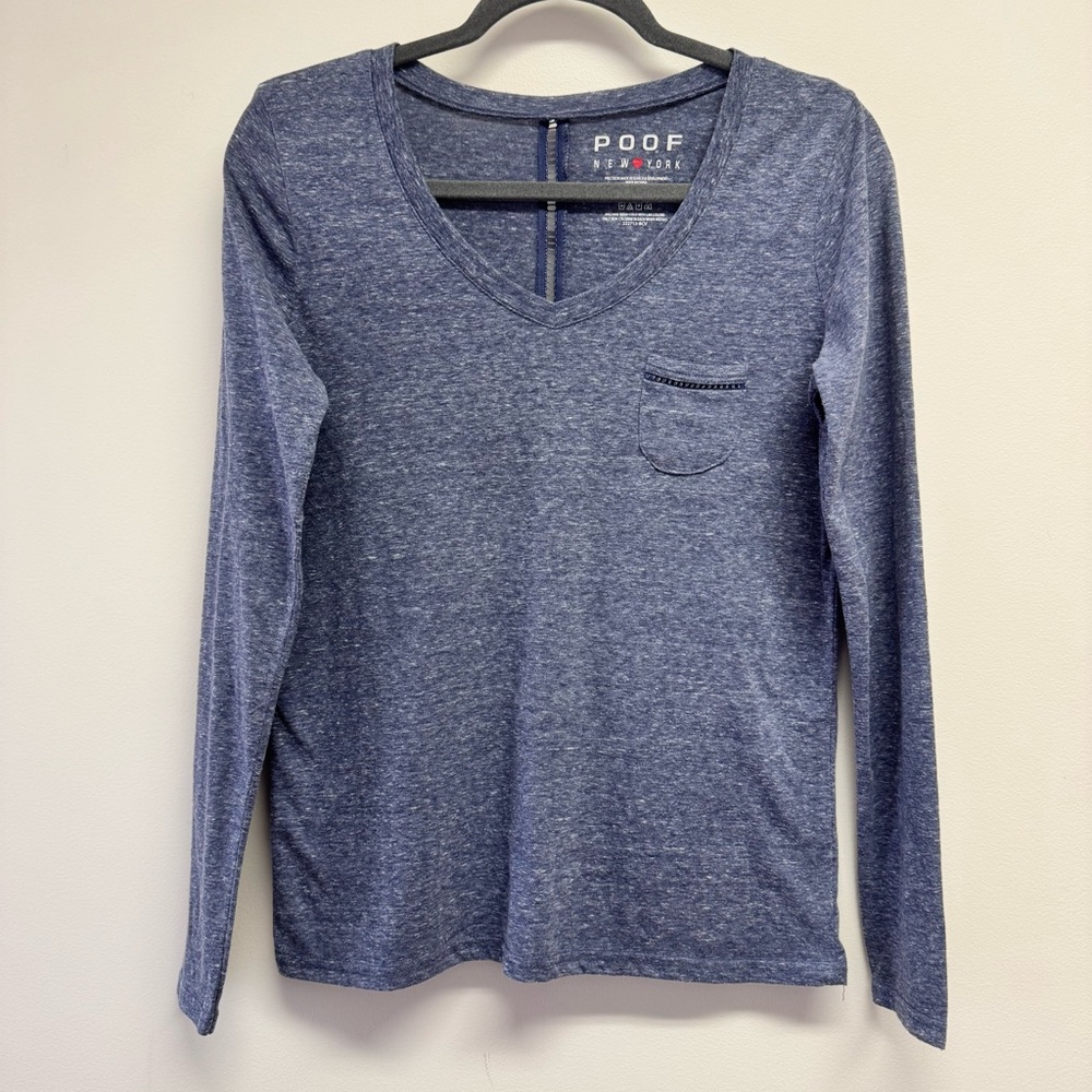 Poof! Heathered Blue Cotton Blend Long Sleeve V-Neck Tee EUC Size M